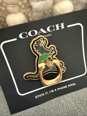 Coach Green Dinosaur Phone Ring with Gold-Tone Metal
